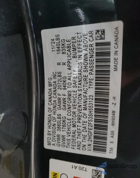 2025 Honda Civic Sport из США, поврежденный, VIN 2HGFE2F53SH553123